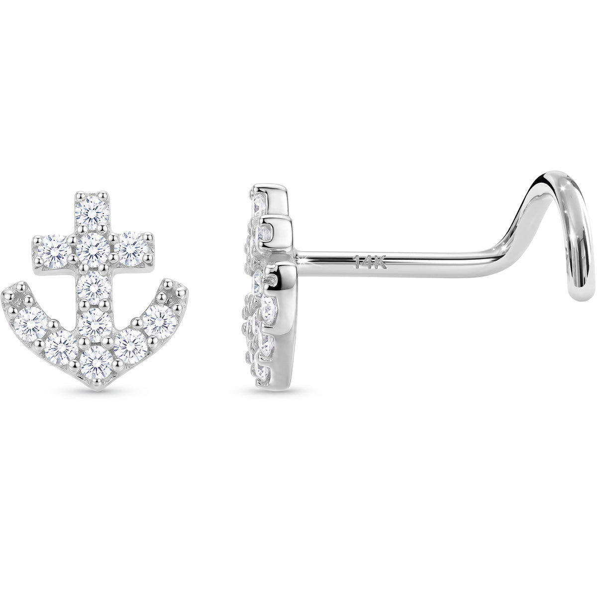 Solid 14k White Gold Nautical Anchor CZ 22G Nose Screw Ring