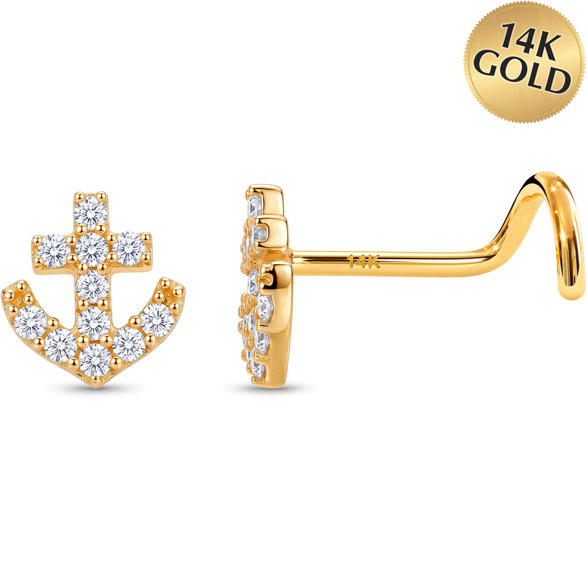 Solid 14k White Gold Nautical Anchor CZ 22G Nose Screw Ring