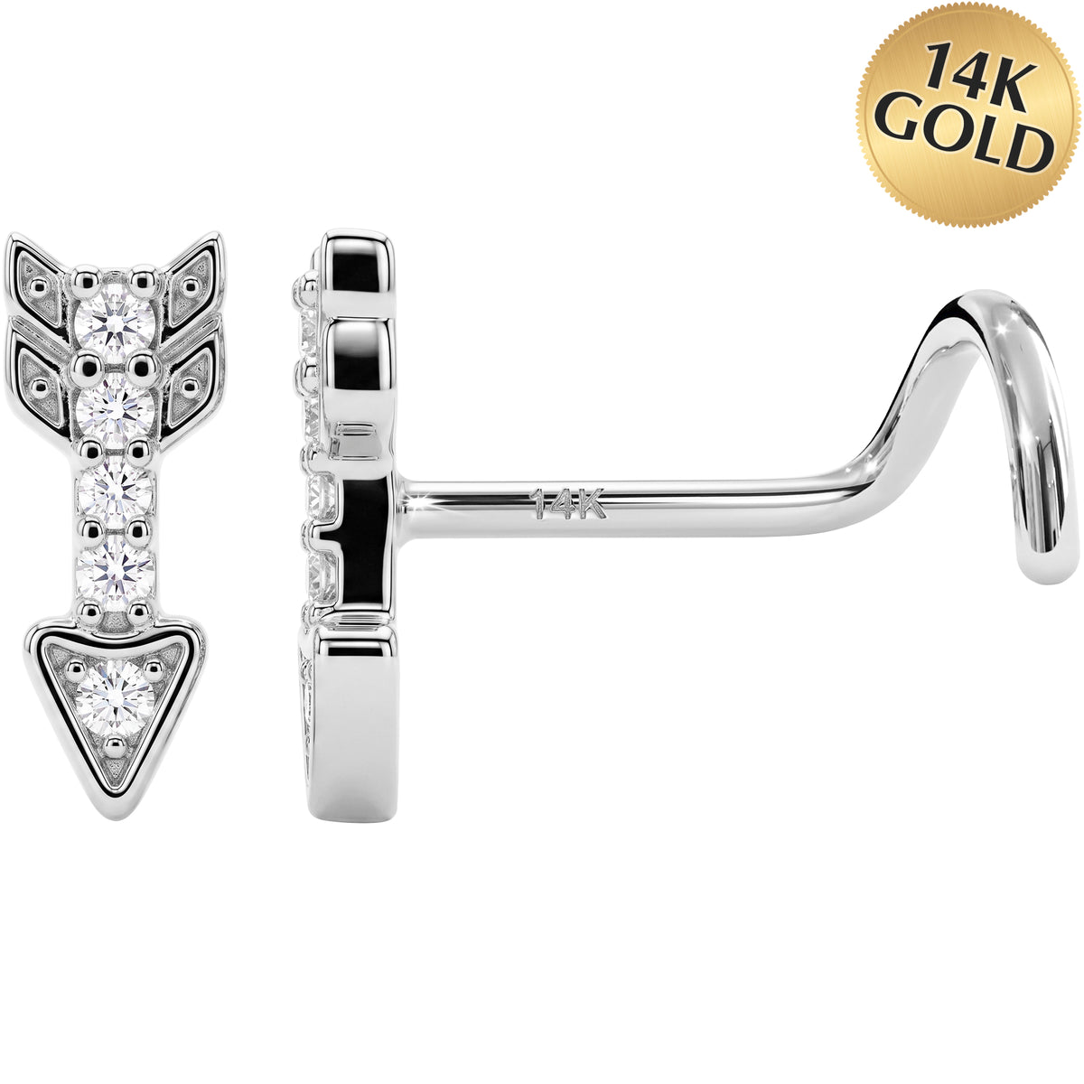 Solid 14k White Gold Golden Arrow 22G Nose Screw Ring