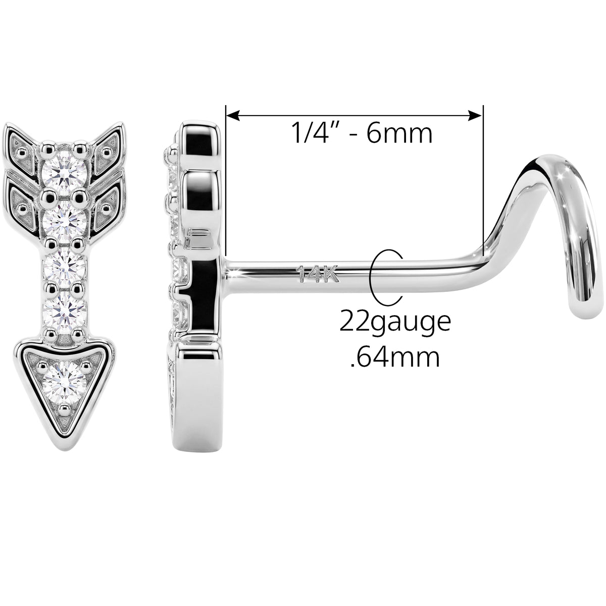 Solid 14k White Gold Golden Arrow 22G Nose Screw Ring