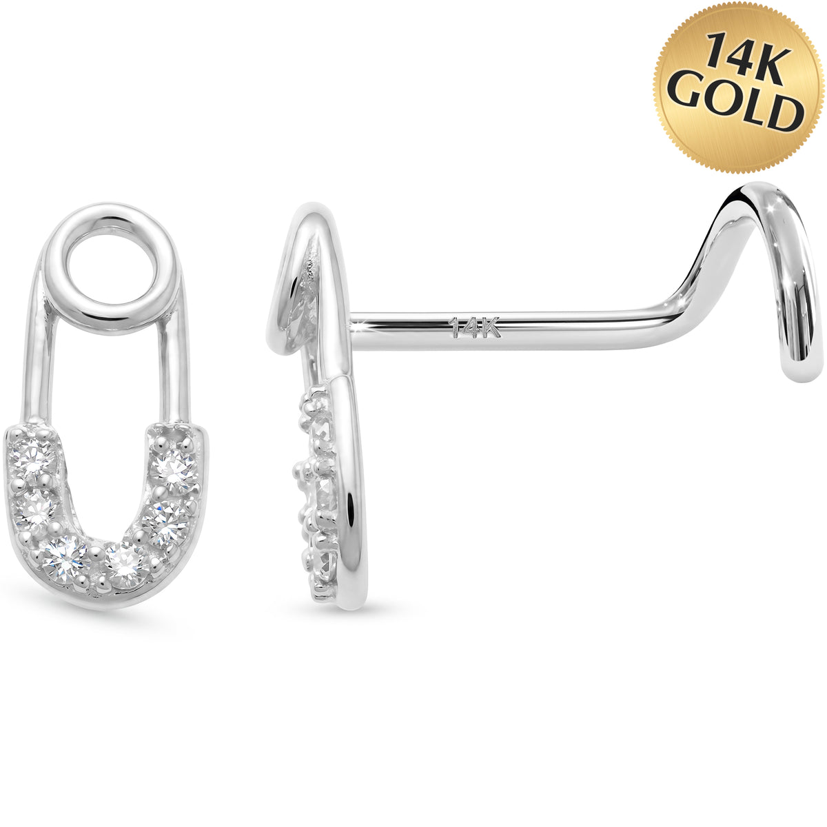 Solid 14k White Gold Punk Luxe Safety Pin CZ 22G Nose Screw Ring
