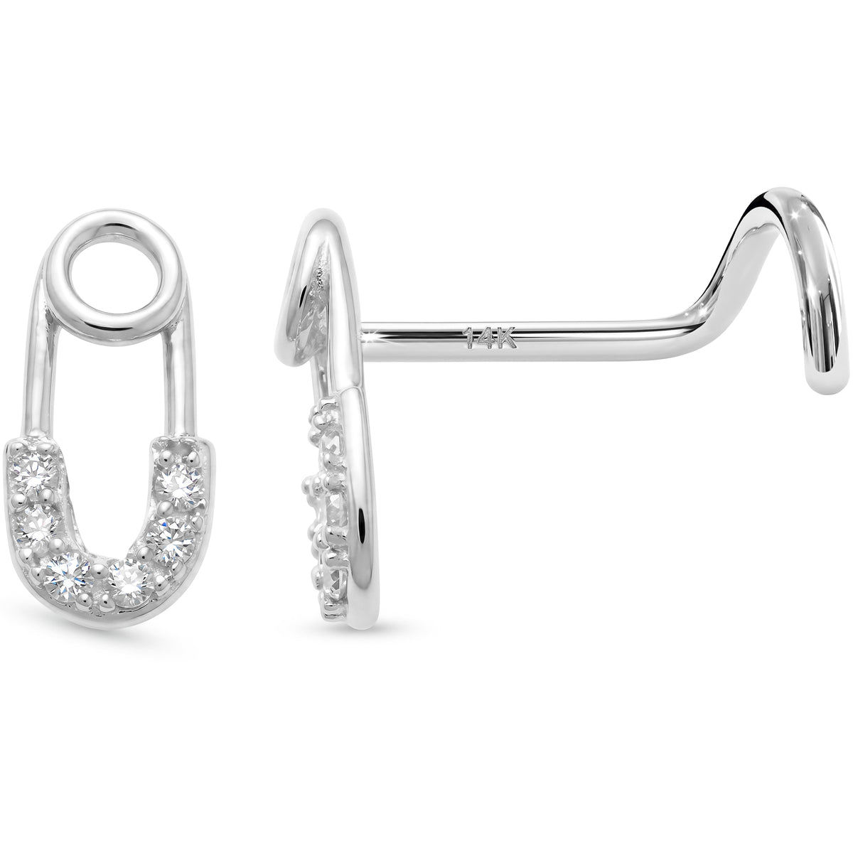 Solid 14k White Gold Punk Luxe Safety Pin CZ 22G Nose Screw Ring