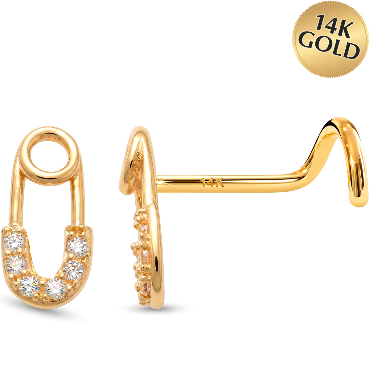 Solid 14k White Gold Punk Luxe Safety Pin CZ 22G Nose Screw Ring