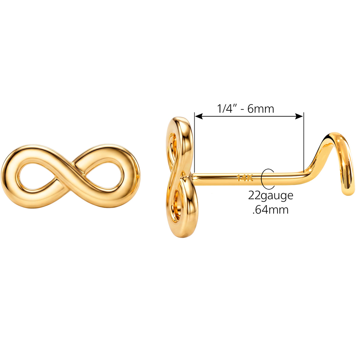 Solid 14k Yellow Gold Forever Infinity 22G Nose Screw Ring