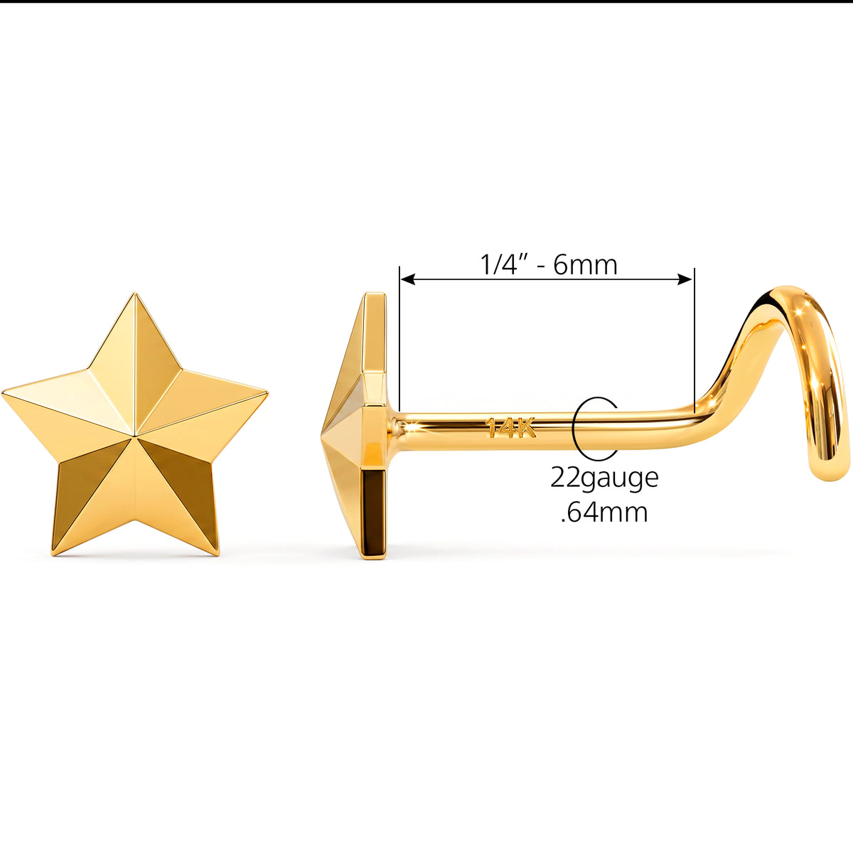 Solid 14k Yellow Gold Golden Star 22G Nose Screw Ring