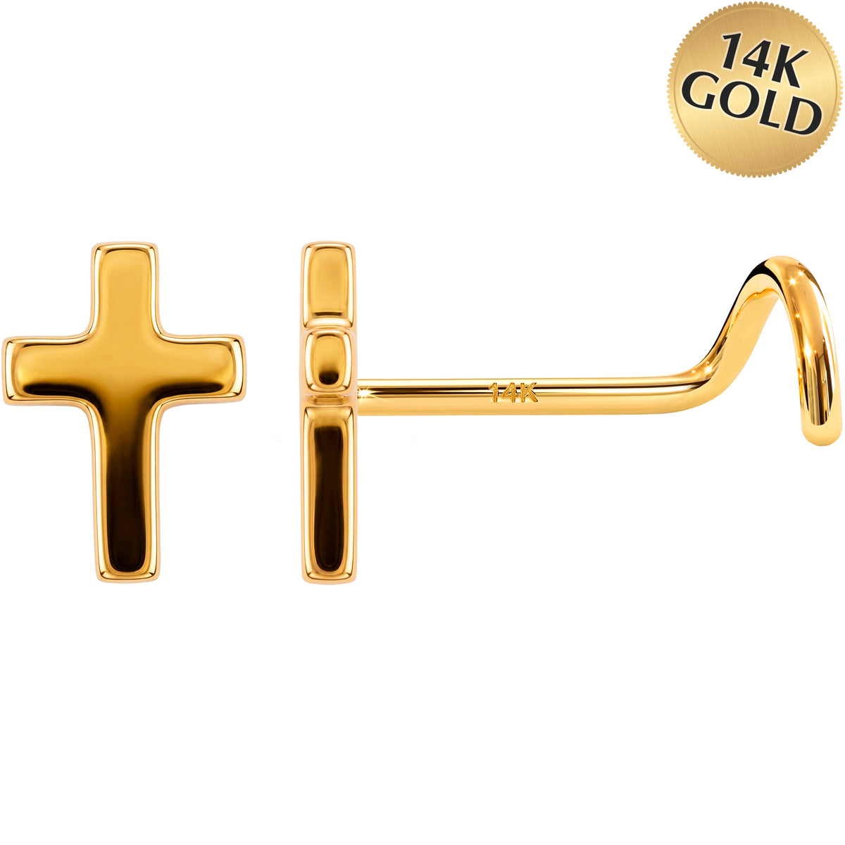 Solid 14k Yellow Gold Classic Cross 22G Nose Screw Ring