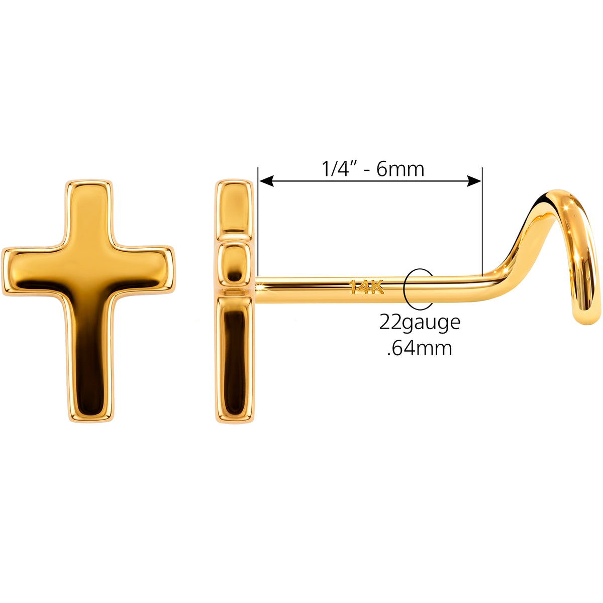 Solid 14k Yellow Gold Classic Cross 22G Nose Screw Ring