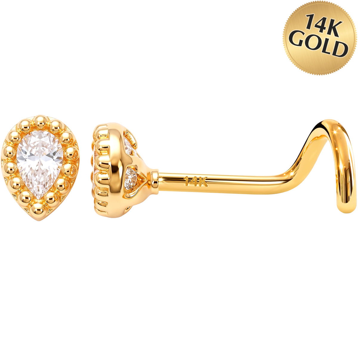 Solid 14k Yellow CZ Teardrop Halo 22G Nose Screw Ring