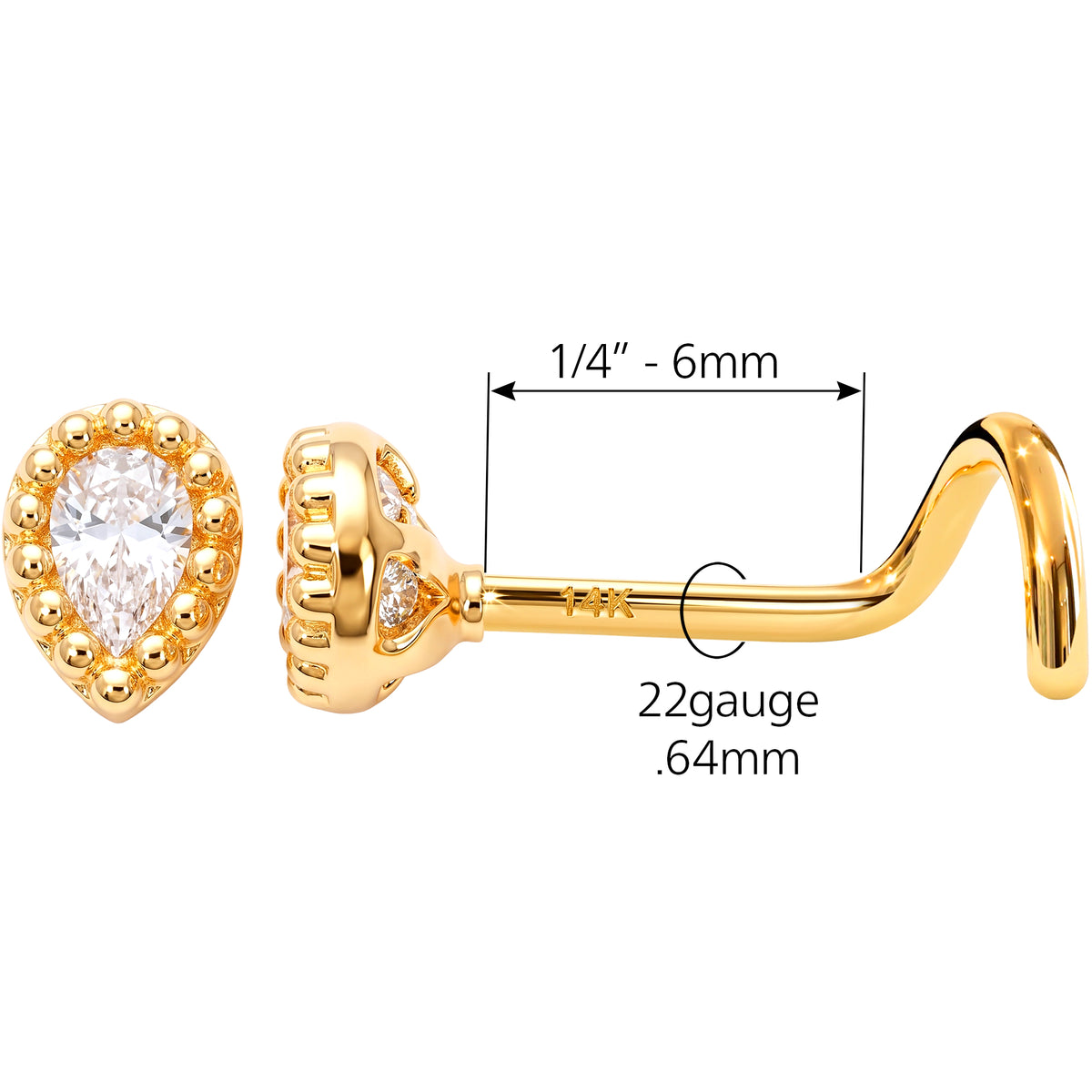Solid 14k Yellow CZ Teardrop Halo 22G Nose Screw Ring