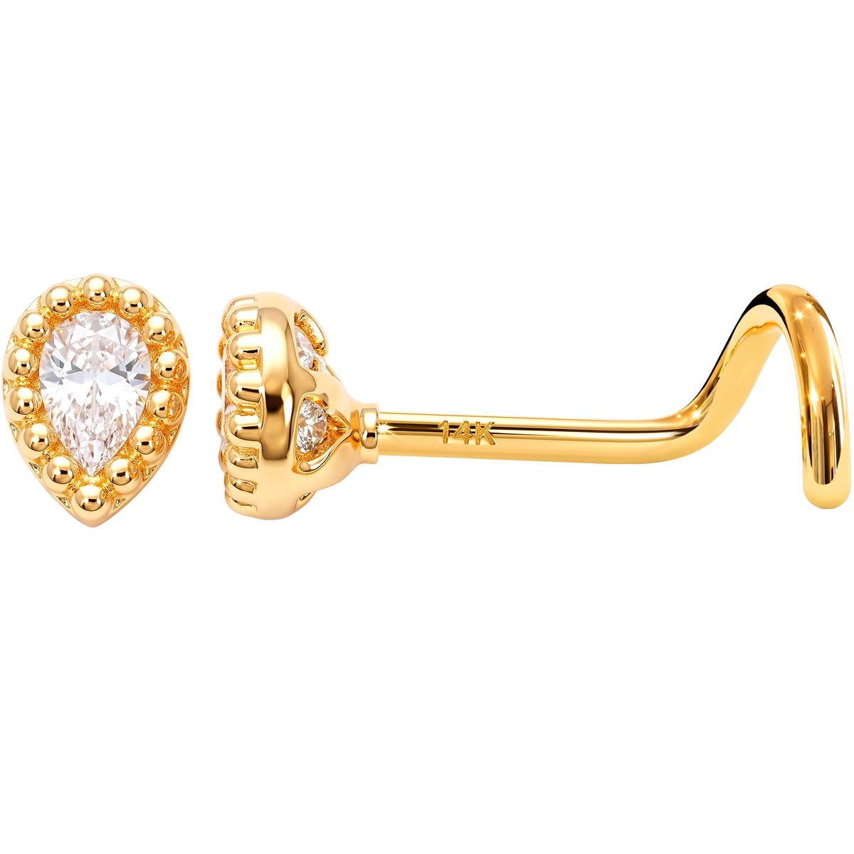 Solid 14k Yellow CZ Teardrop Halo 22G Nose Screw Ring