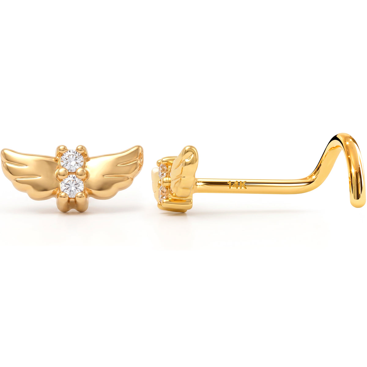 Solid 14k Yellow CZ Gold Angel Wing 22G Nose Screw Ring