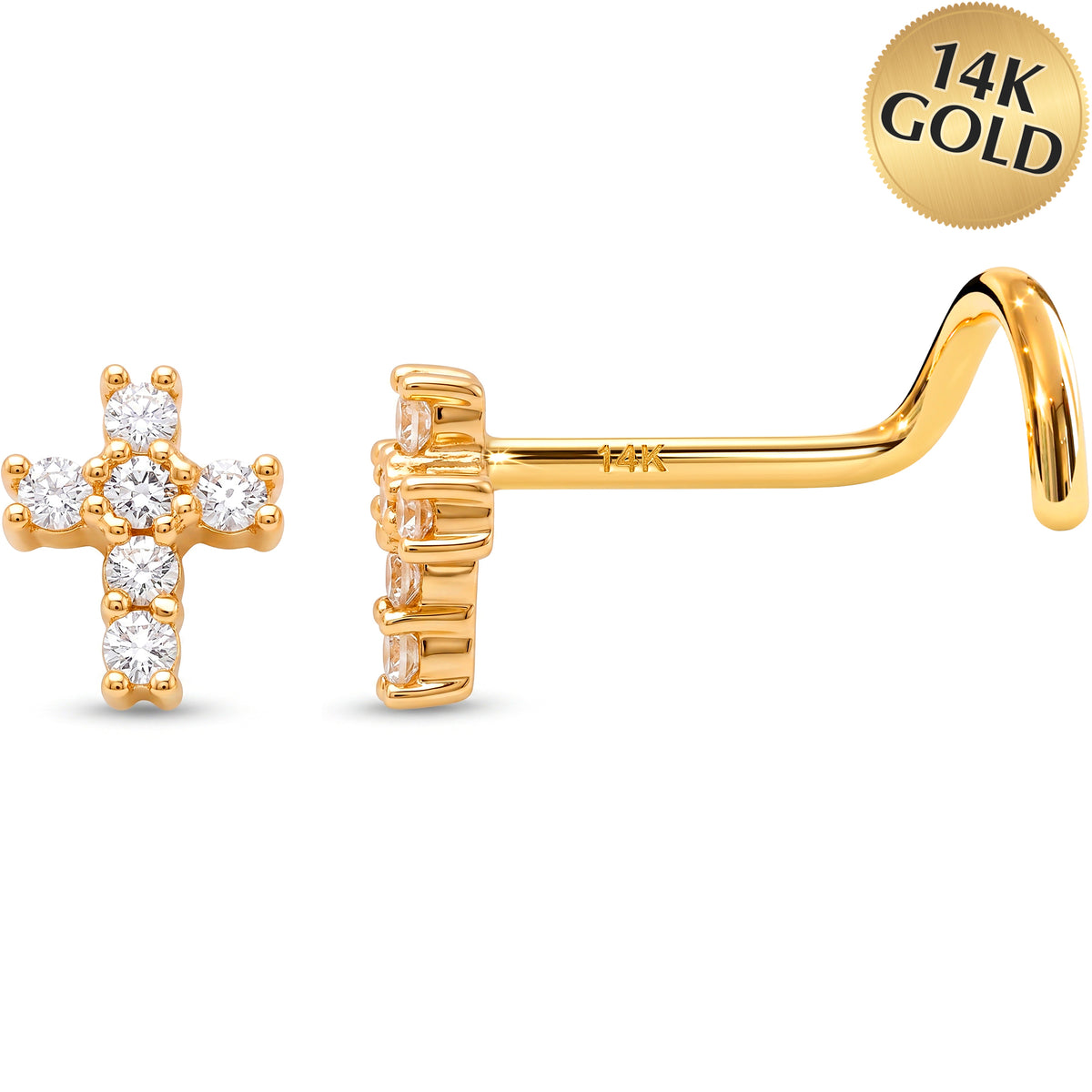 Solid 14k Yellow Gold CZ Cross 22G Nose Screw Ring