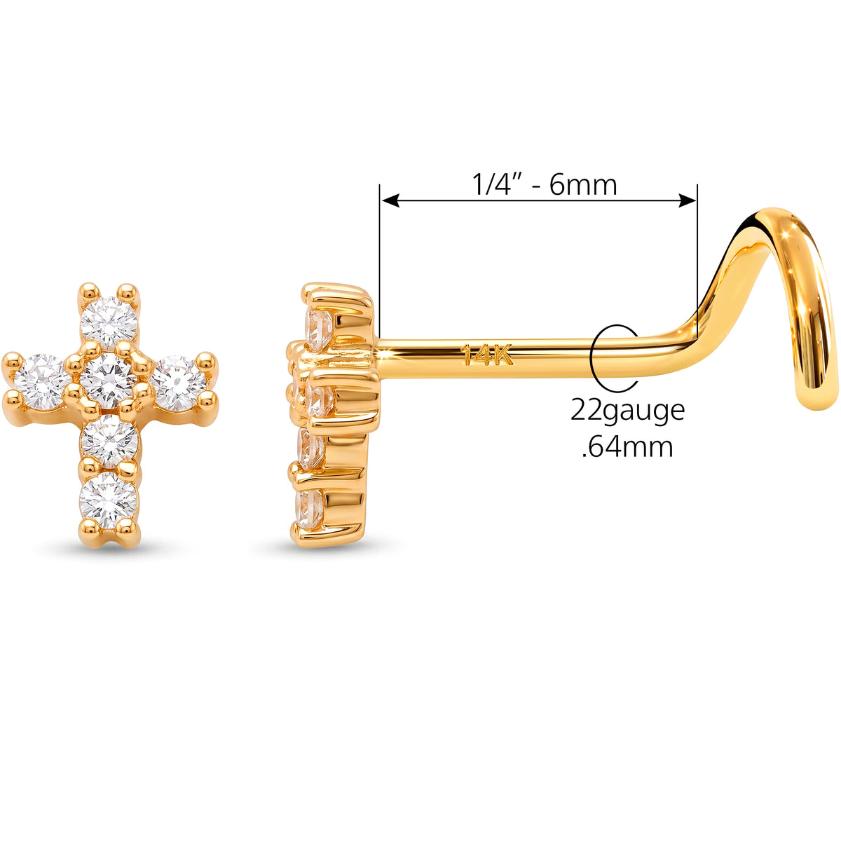 Solid 14k Yellow Gold CZ Cross 22G Nose Screw Ring