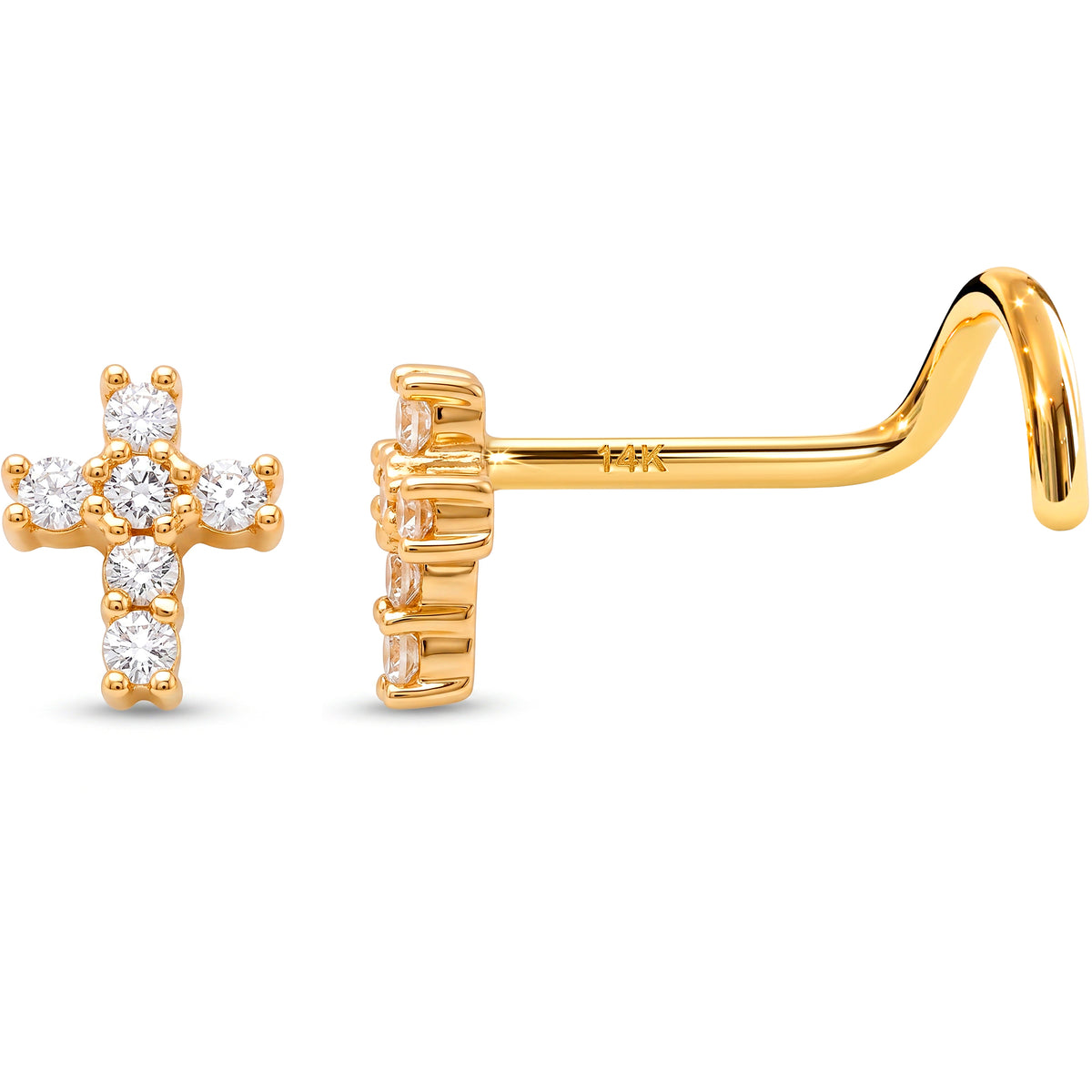 Solid 14k Yellow Gold CZ Cross 22G Nose Screw Ring