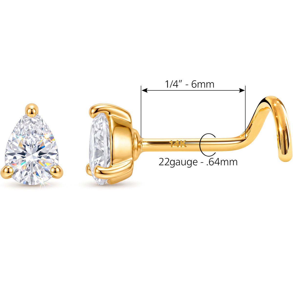 Solid 14k Yellow Gold Trillion Sparkle CZ 22G Nose Screw Ring