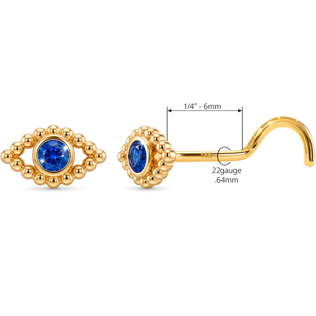 Solid 14k Yellow Gold Blue Mystic Eye CZ 22G Nose Screw Ring