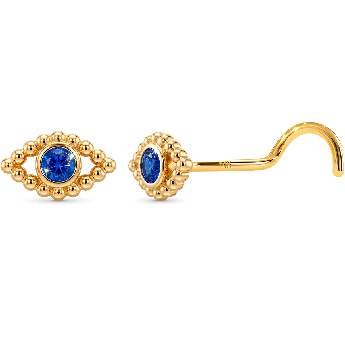 Solid 14k Yellow Gold Blue Mystic Eye CZ 22G Nose Screw Ring