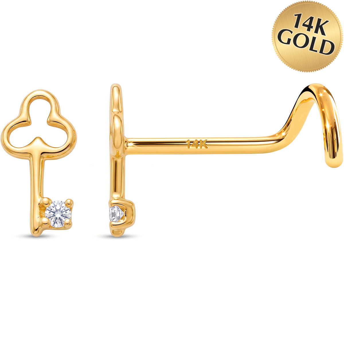 Solid 14k Yellow Gold Secret key CZ 22G Nose Screw Ring