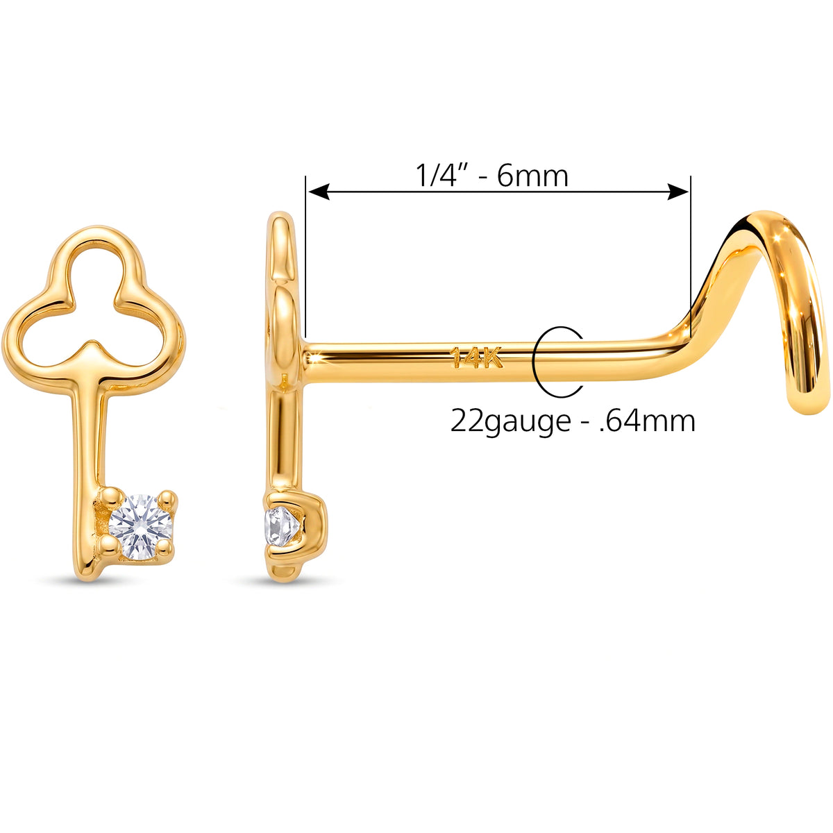 Solid 14k Yellow Gold Secret key CZ 22G Nose Screw Ring