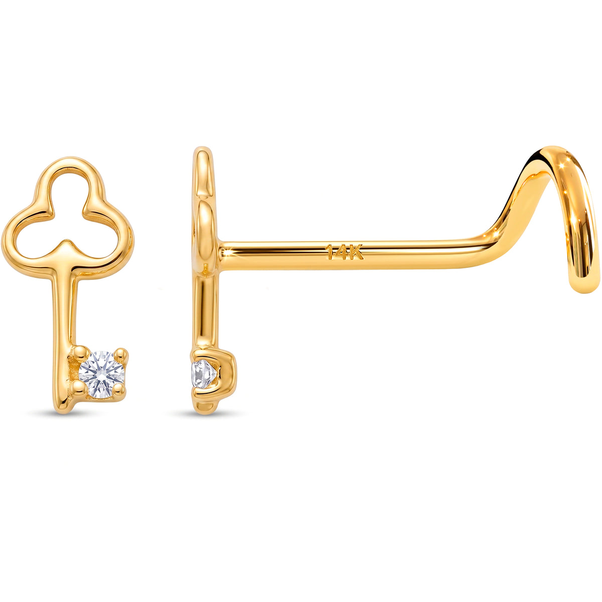 Solid 14k Yellow Gold Secret key CZ 22G Nose Screw Ring
