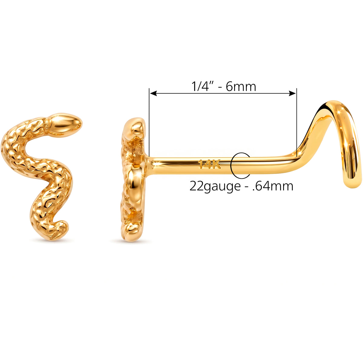 Solid 14k Yellow Gold Serpent 22G Nose Screw Ring