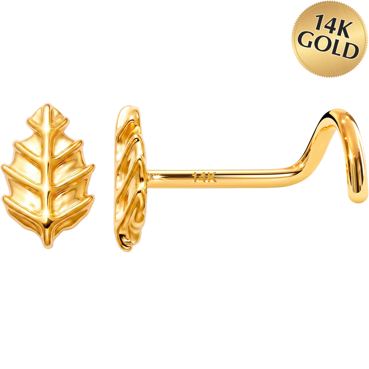 Solid 14k Yellow Gold Golden Leaf 22G Nose Screw Ring
