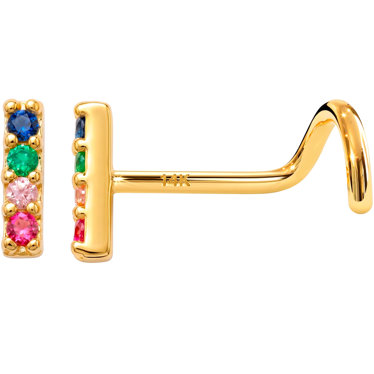 Solid 14k Yellow Gold Rainbow Sparkle Bar CZ 22G Nose Screw Ring