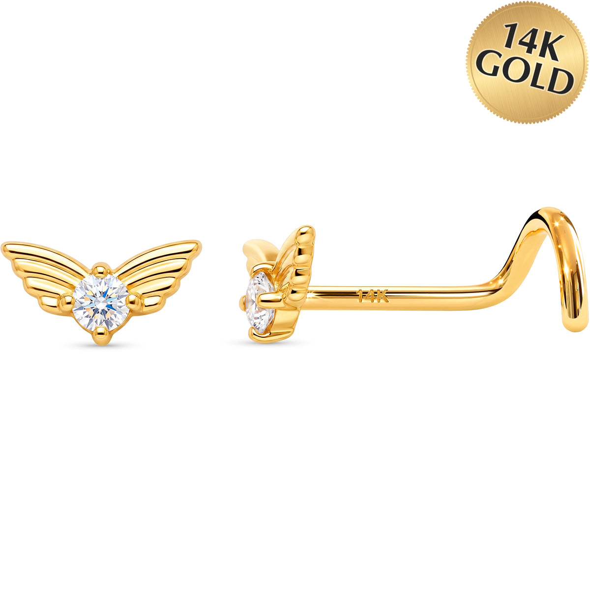 Solid 14k Yellow Gold Angel Wing 22G Nose Screw Ring