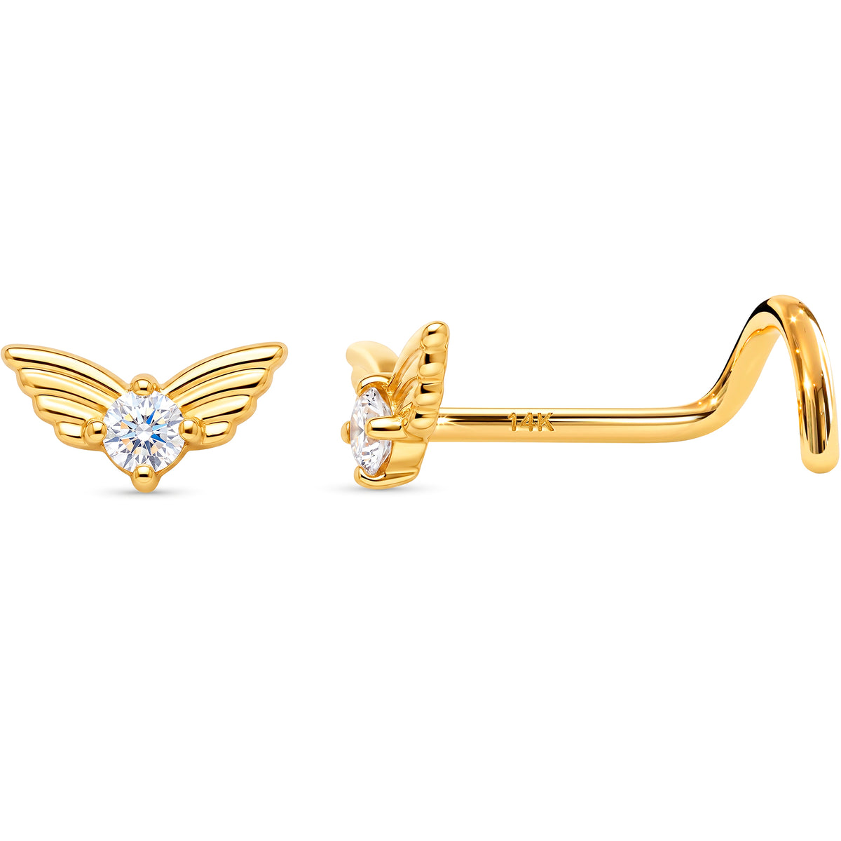 Solid 14k Yellow Gold Angel Wing 22G Nose Screw Ring