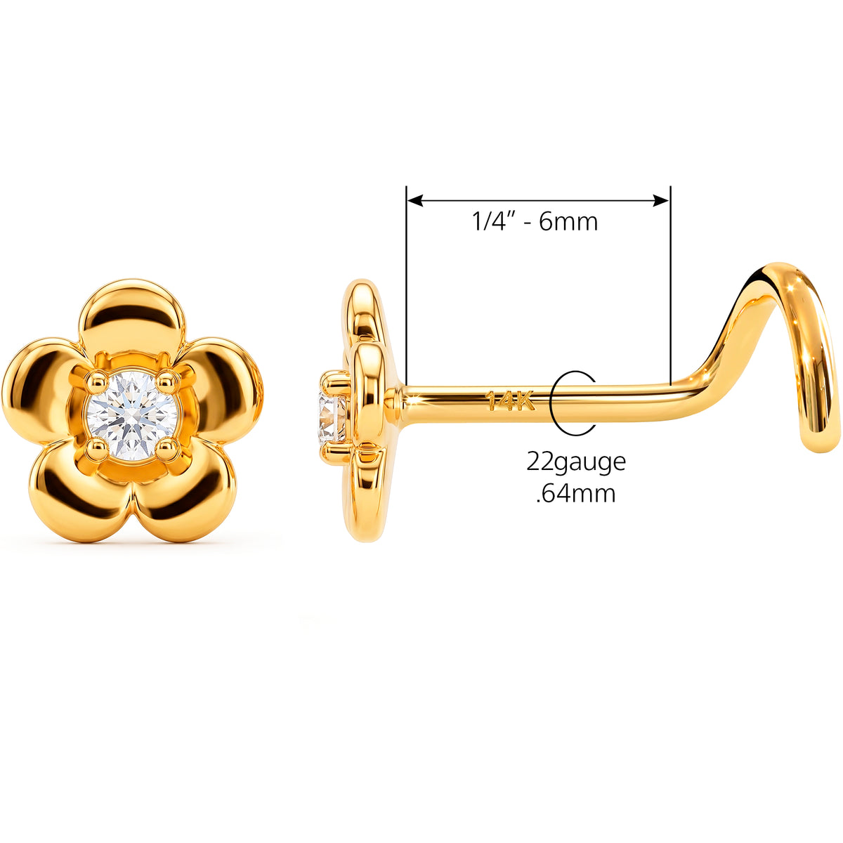 Solid 14k Yellow CZ Petite Blossom 22G Nose Screw Ring