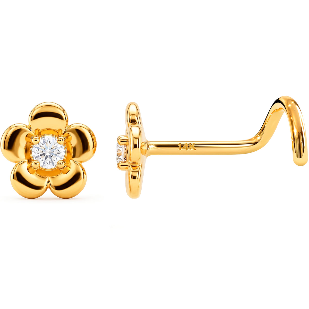 Solid 14k Yellow CZ Petite Blossom 22G Nose Screw Ring