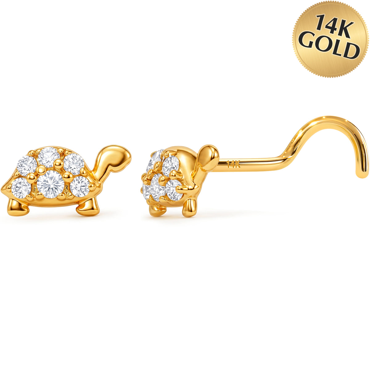 Solid 14k Yellow Sea Turtle CZ 22G Nose Screw Ring