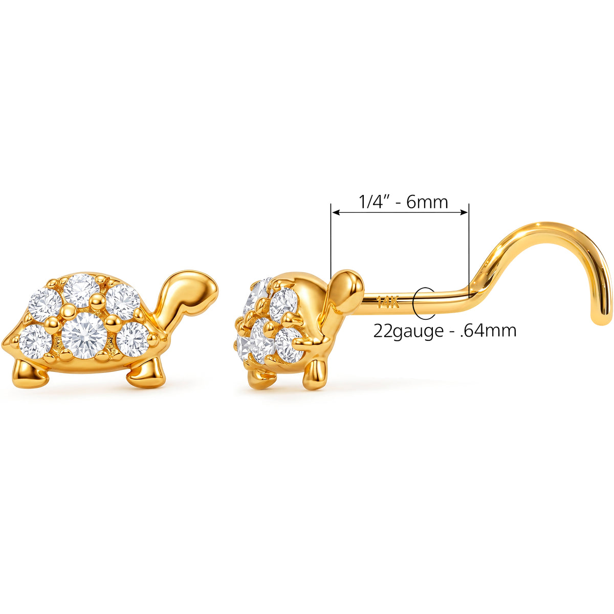 Solid 14k Yellow Sea Turtle CZ 22G Nose Screw Ring