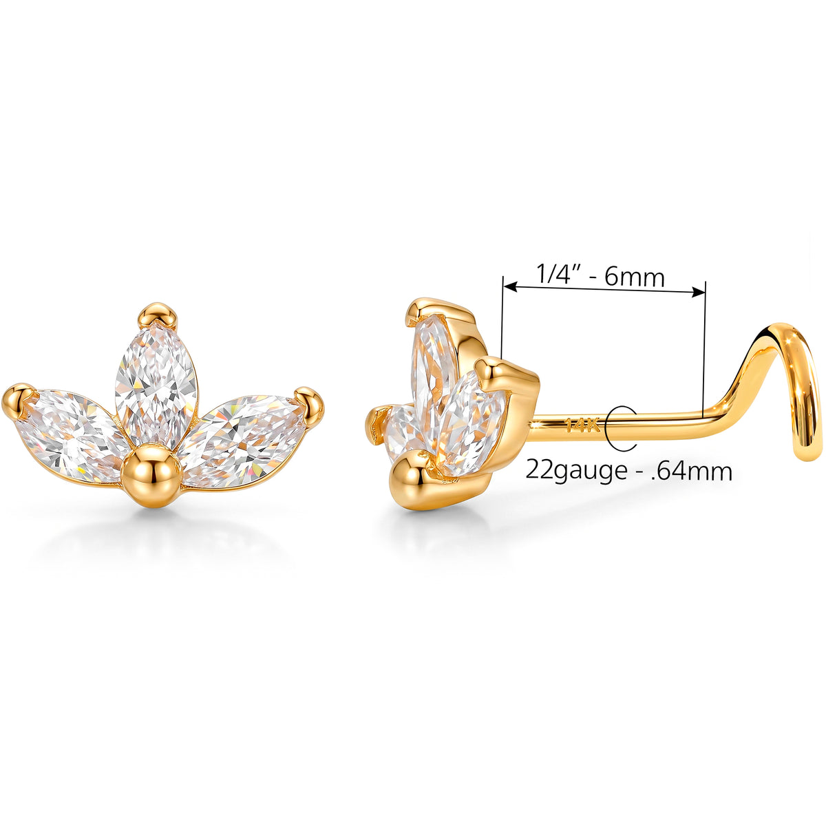 Solid 14k Yellow Gold Lotus Bloom CZ 22G Nose Screw Ring