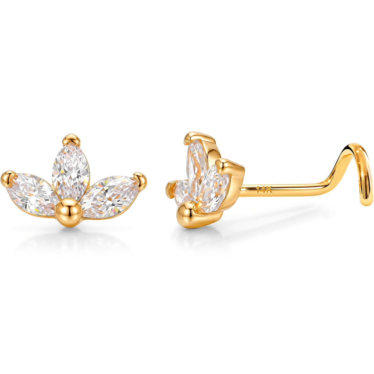 Solid 14k Yellow Gold Lotus Bloom CZ 22G Nose Screw Ring