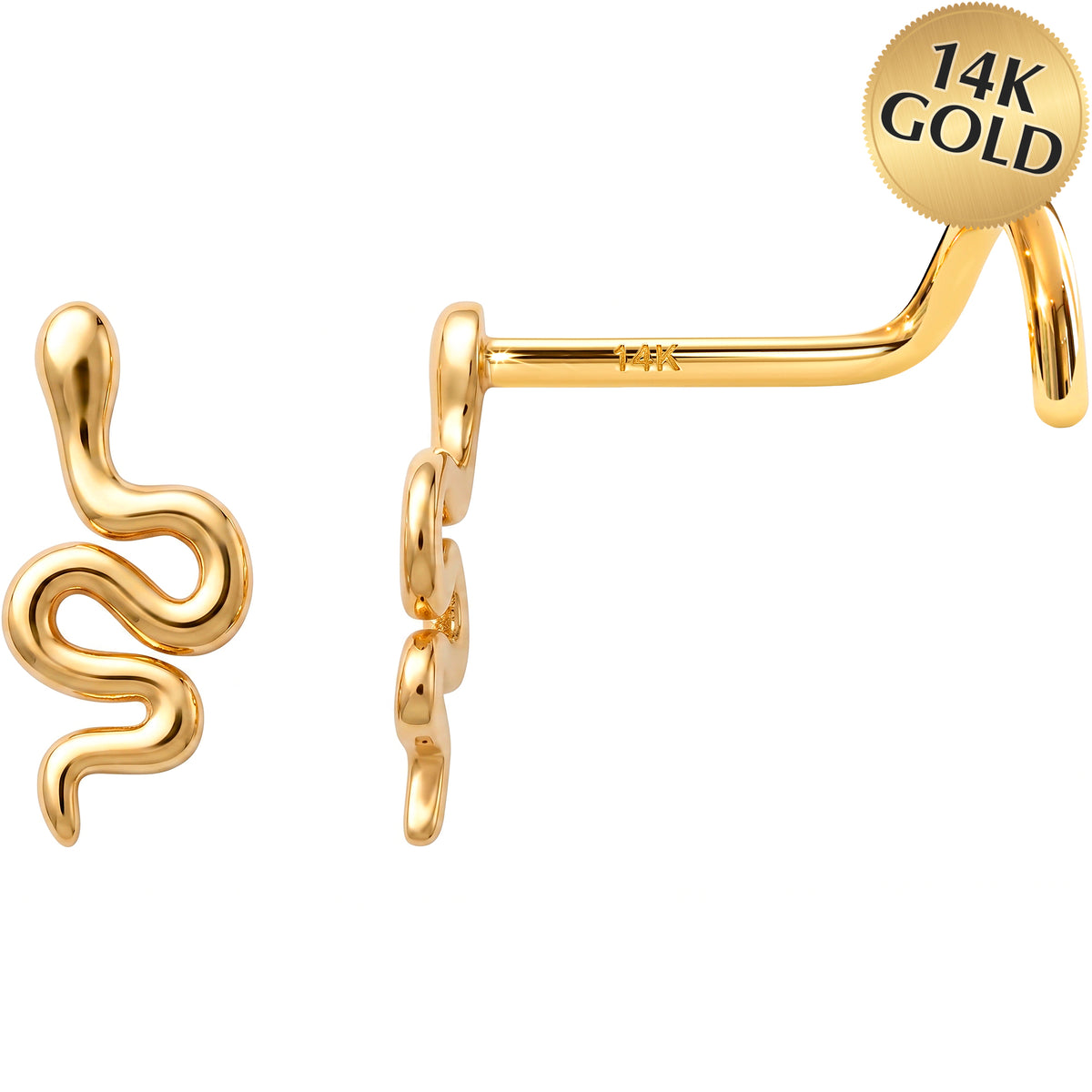 Solid 14k Yellow Gold Slithering Snake 22G Nose Screw Ring
