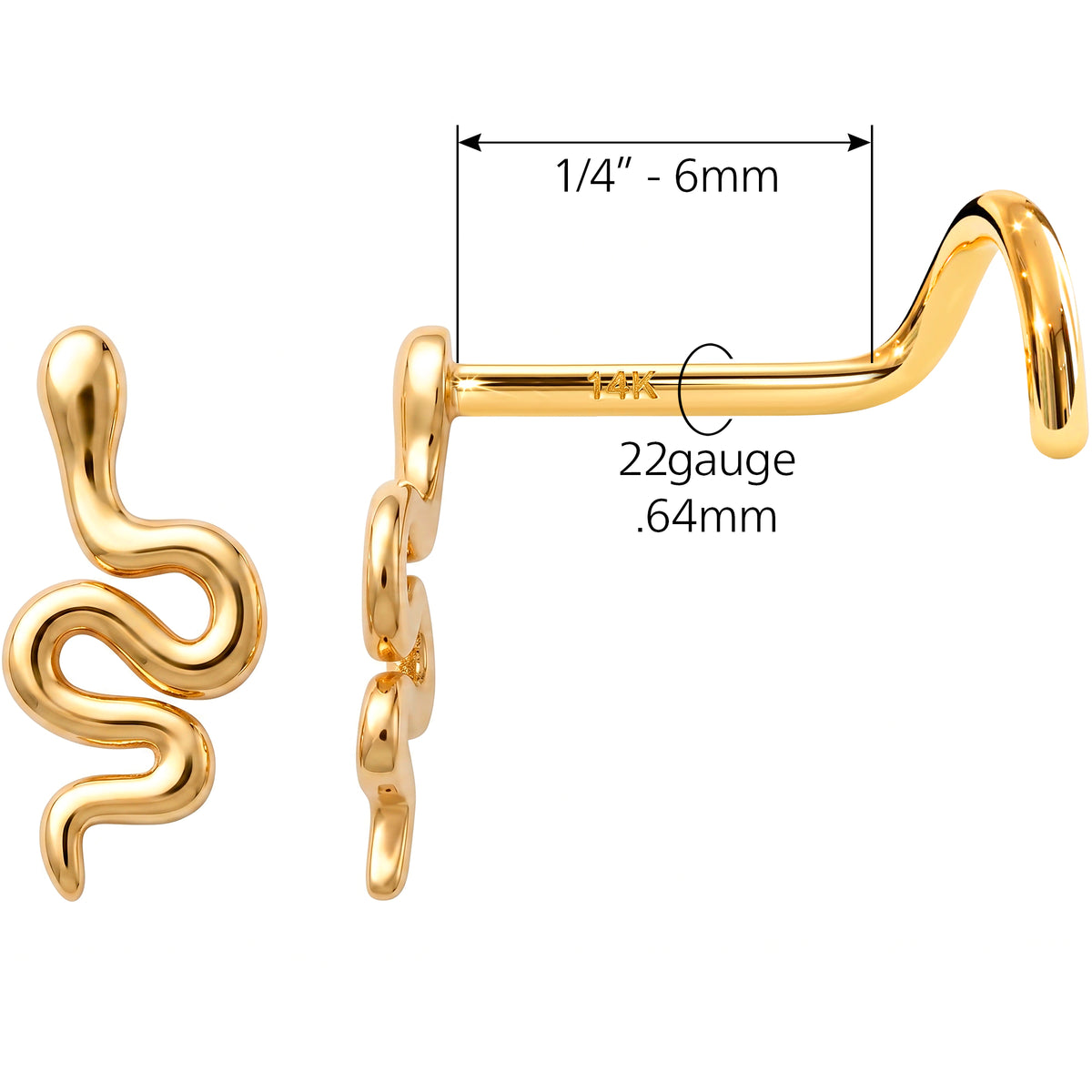 Solid 14k Yellow Gold Slithering Snake 22G Nose Screw Ring