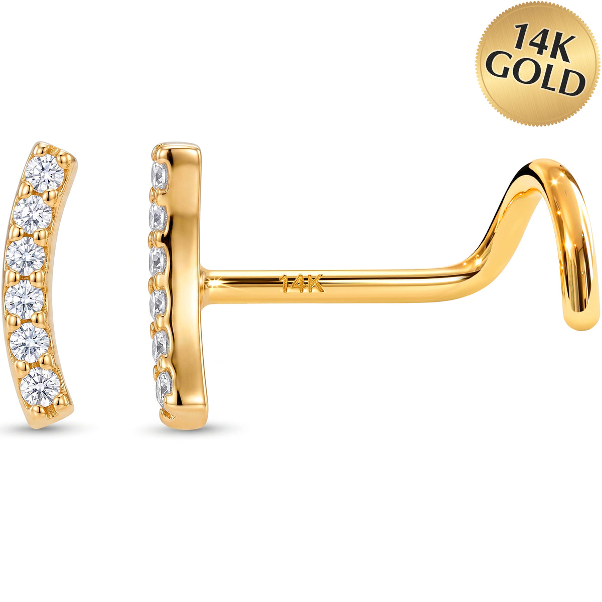 Solid 14k Yellow Gold Curved Pave Bar CZ 22G Nose Screw Ring