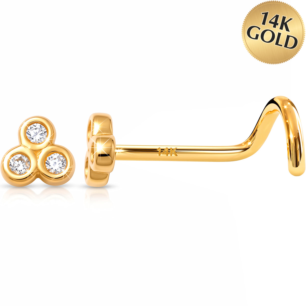 Solid 14k Yellow Gold Trio Sparkle CZ 22G Nose Screw Ring
