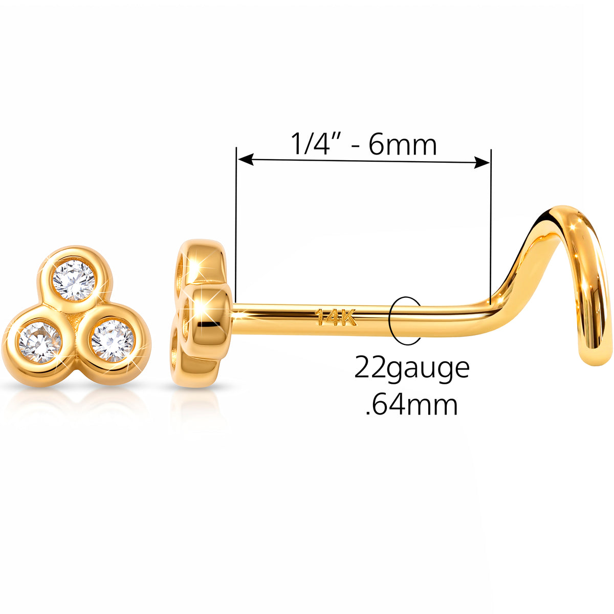 Solid 14k Yellow Gold Trio Sparkle CZ 22G Nose Screw Ring