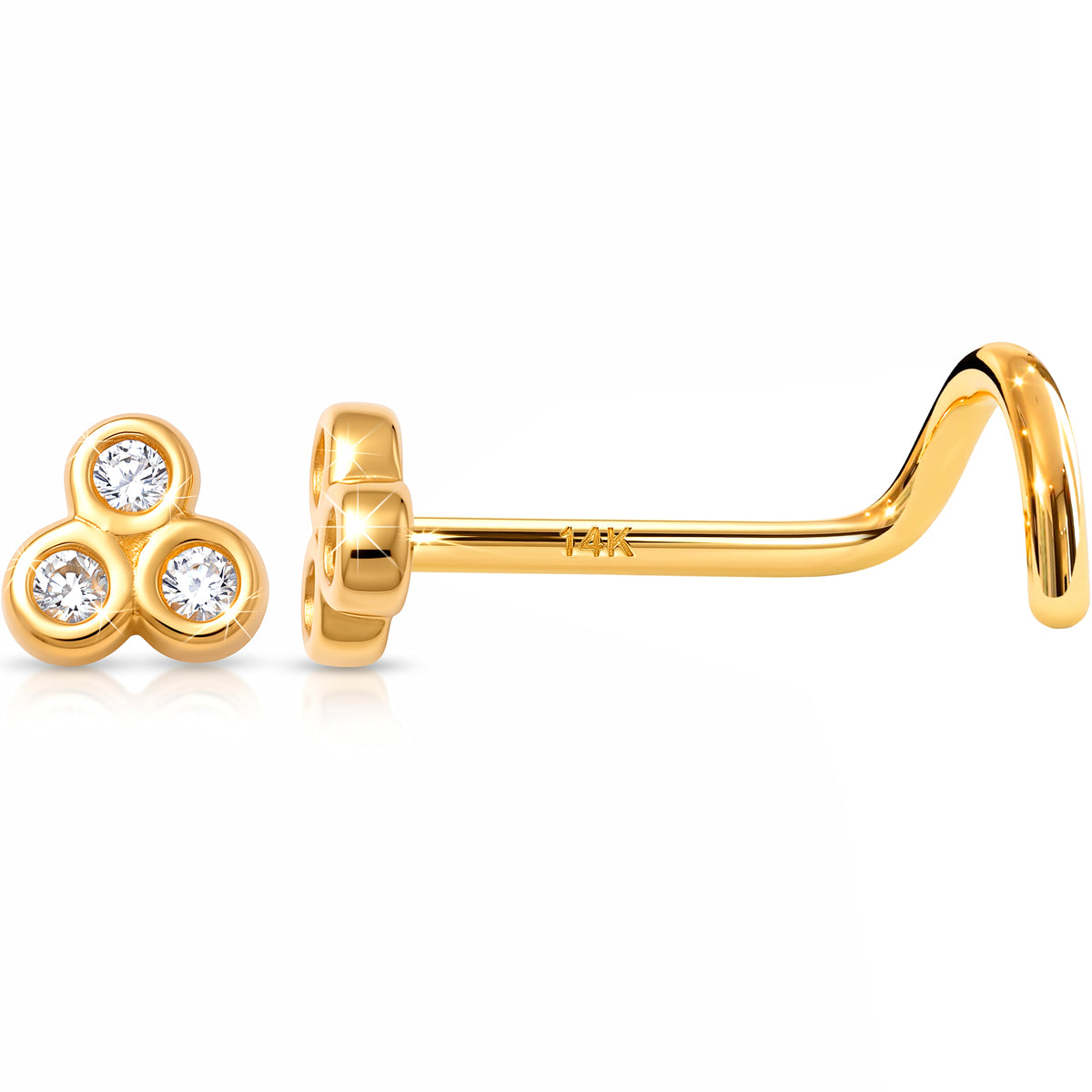 Solid 14k Yellow Gold Trio Sparkle CZ 22G Nose Screw Ring
