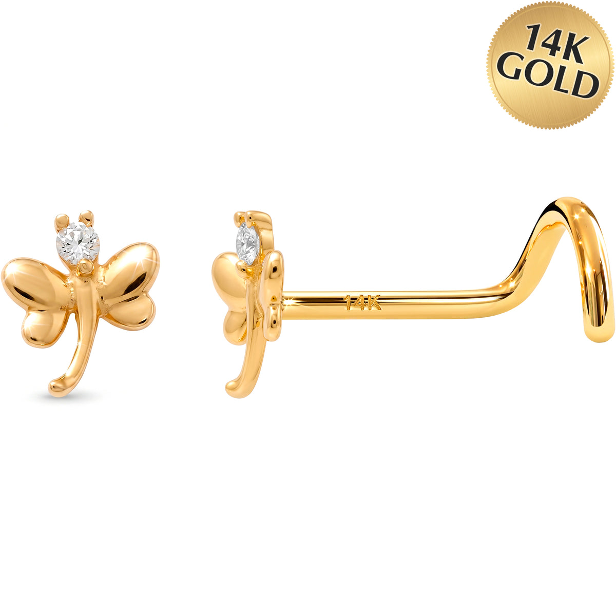 Solid 14k Yellow Gold CZ Dragon fly 22G Nose Screw Ring