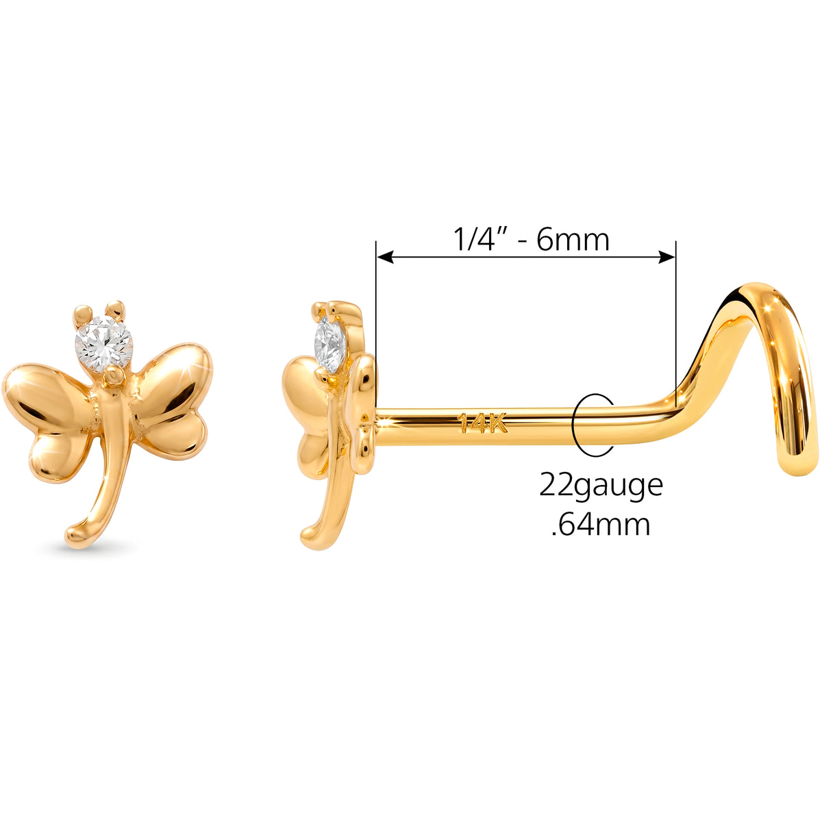 Solid 14k Yellow Gold CZ Dragon fly 22G Nose Screw Ring