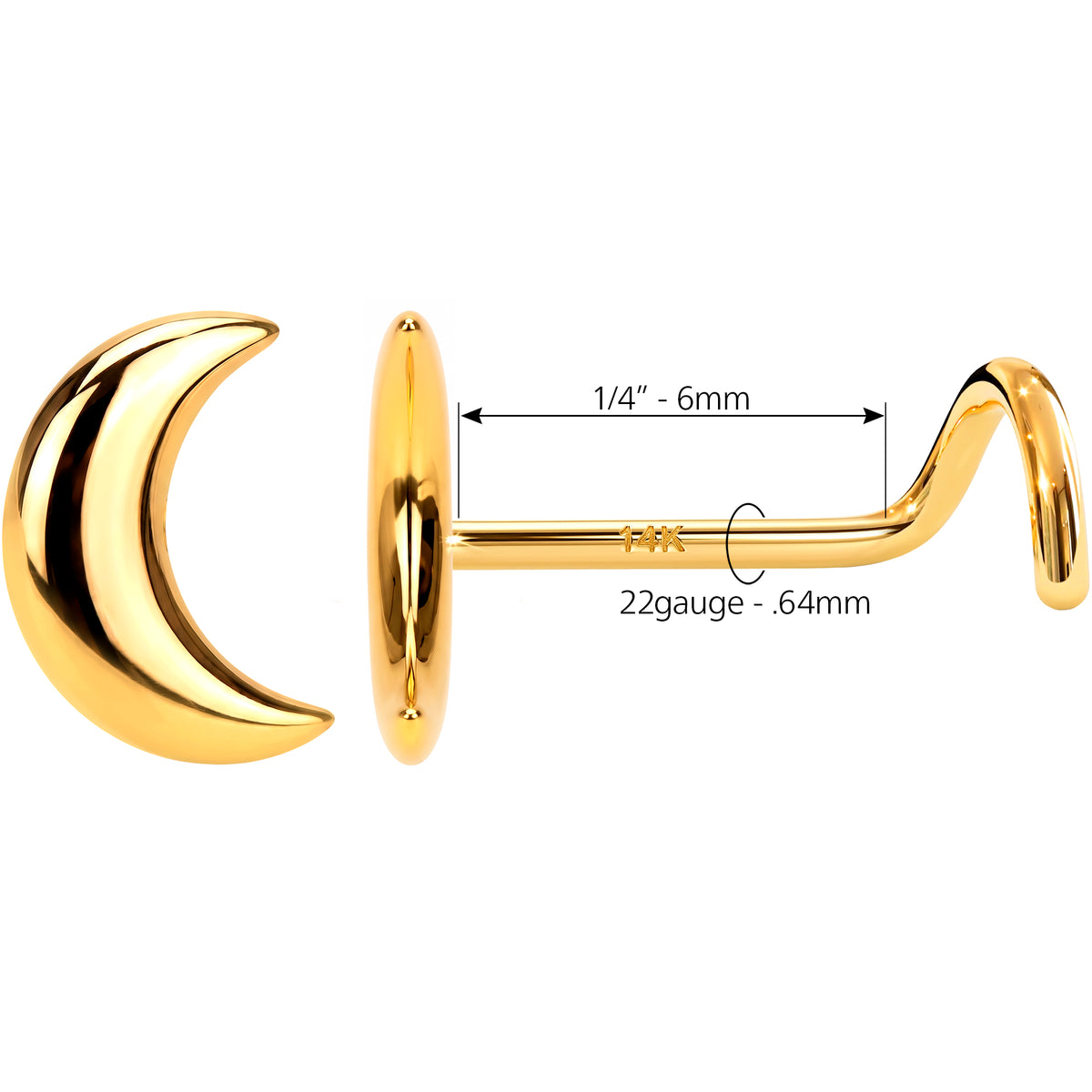 Solid 14K Yellow Gold Puffy Crescent Moon 22G Nose Screw Ring