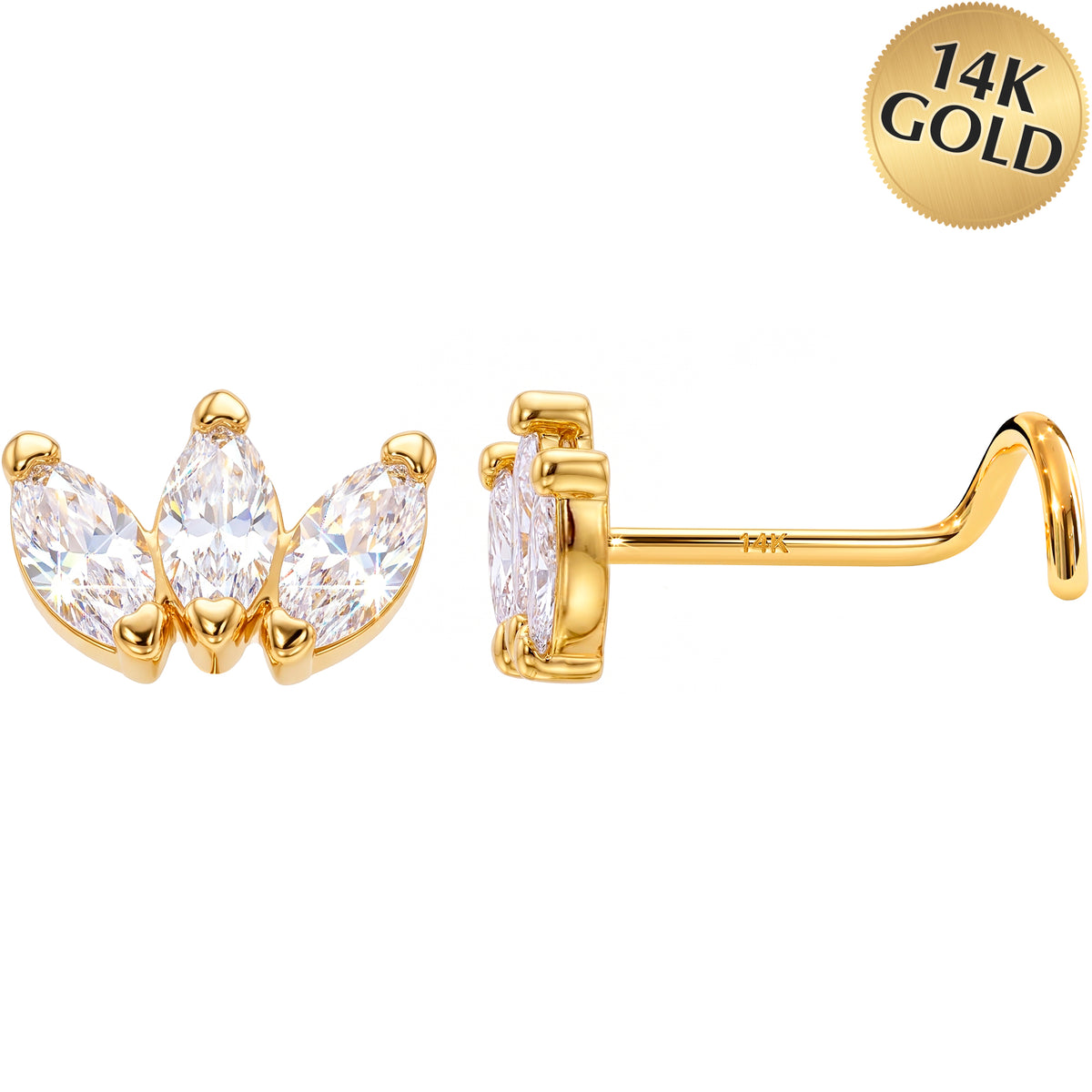Solid 14K Yellow Gold CZ Marquise Lotus 22G Nose Screw Ring