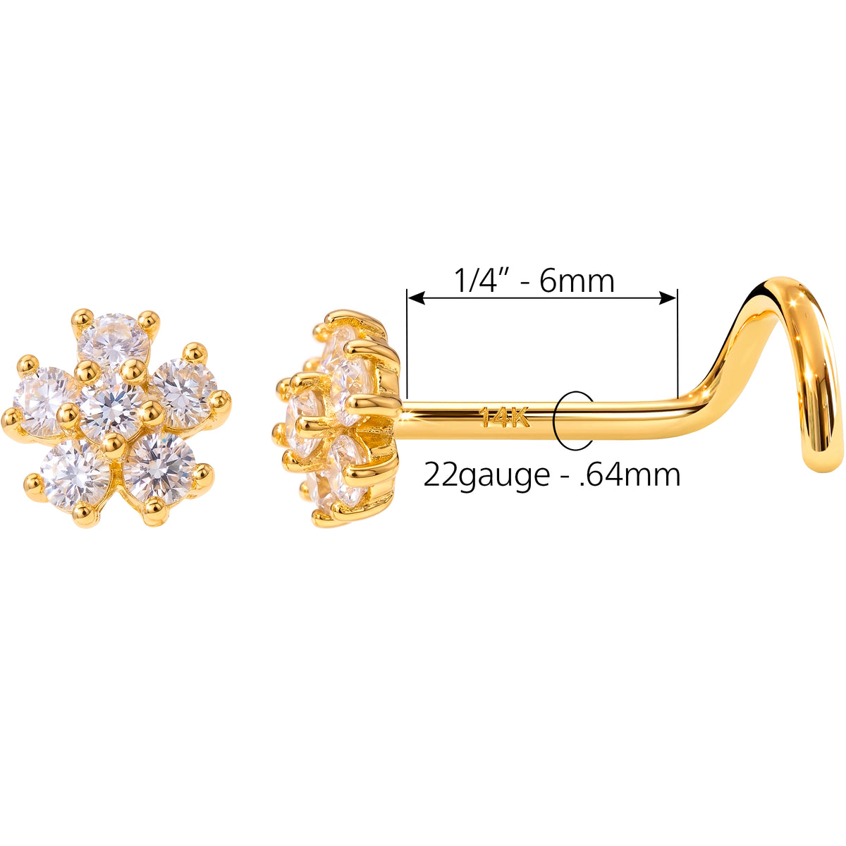 Solid 14K Yellow Gold Floral Snowflake 22G Nose Screw Ring