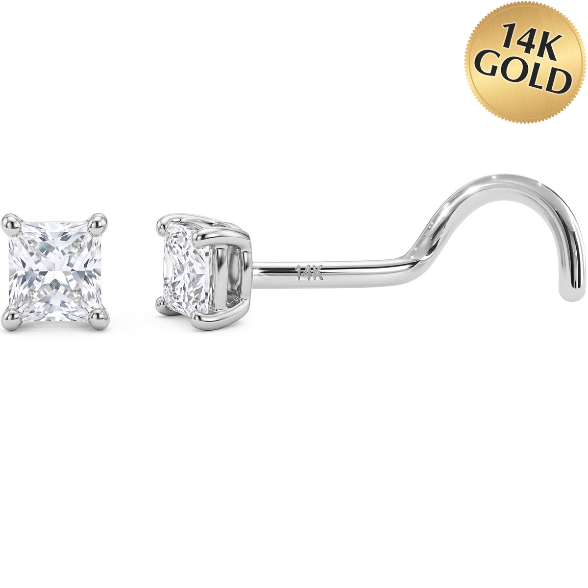 Solid 14k Yellow Gold 2mm Square CZ 22G Nose Screw Ring