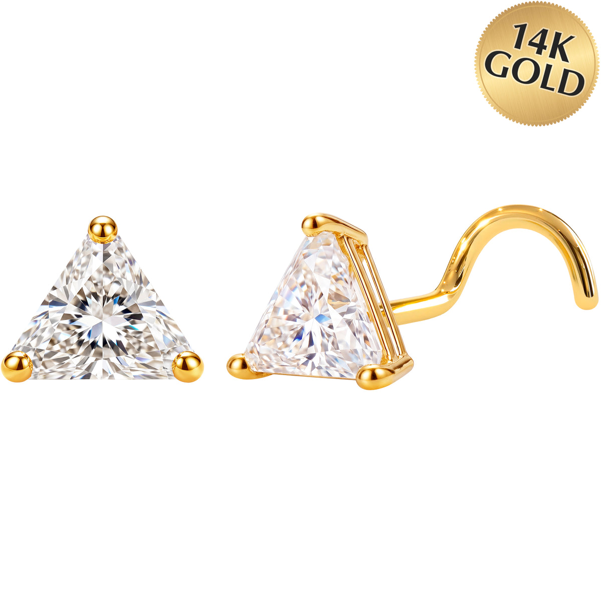 Solid 14k Yellow Gold 2mm Triangle CZ 22G Nose Screw Ring