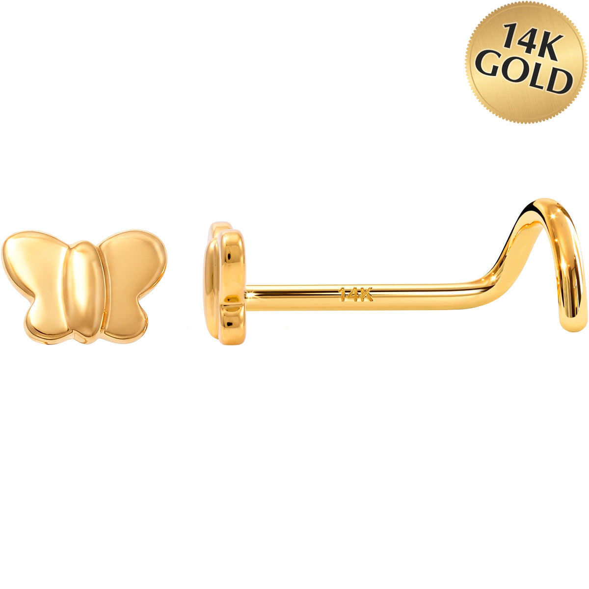 Solid 14K Yellow Gold Puffy Butterfly 22G Nose Screw Ring