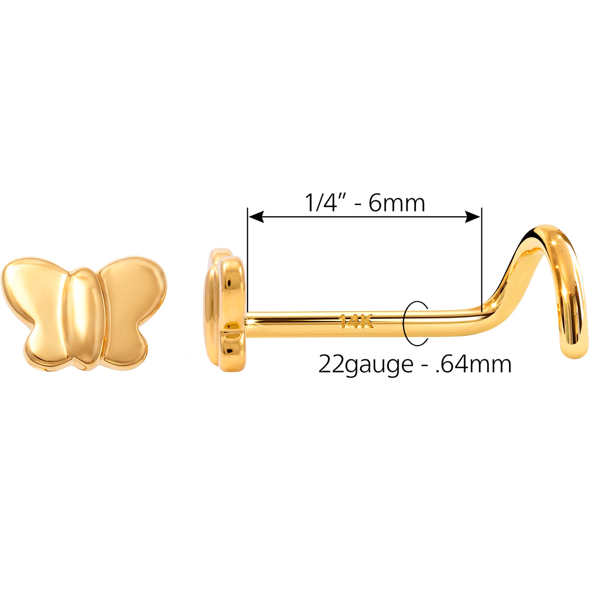 Solid 14K Yellow Gold Puffy Butterfly 22G Nose Screw Ring